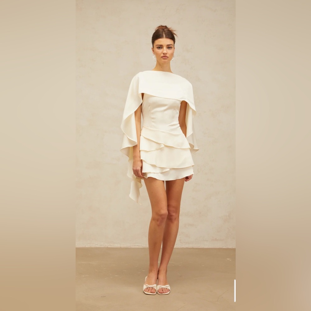 Miss Rosier NWT: Lyna White Satin Ruffled Mini Dress with Shawl Panel Detail